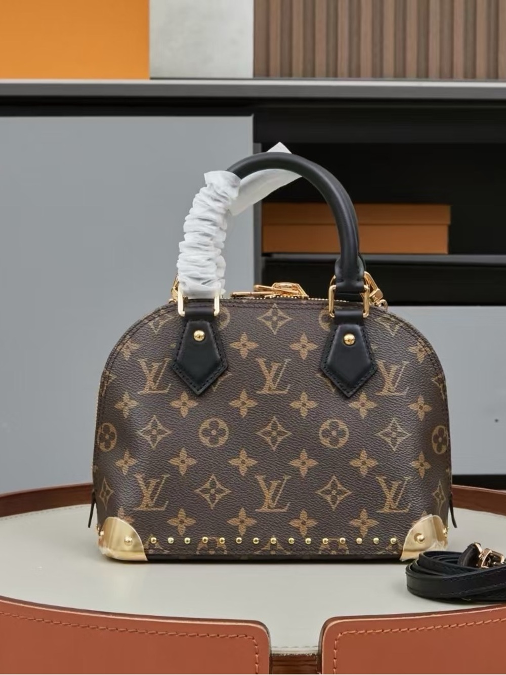 Louis Vuttion Monogram Canvas Satchel Handbag in Brown with Gold Hardware